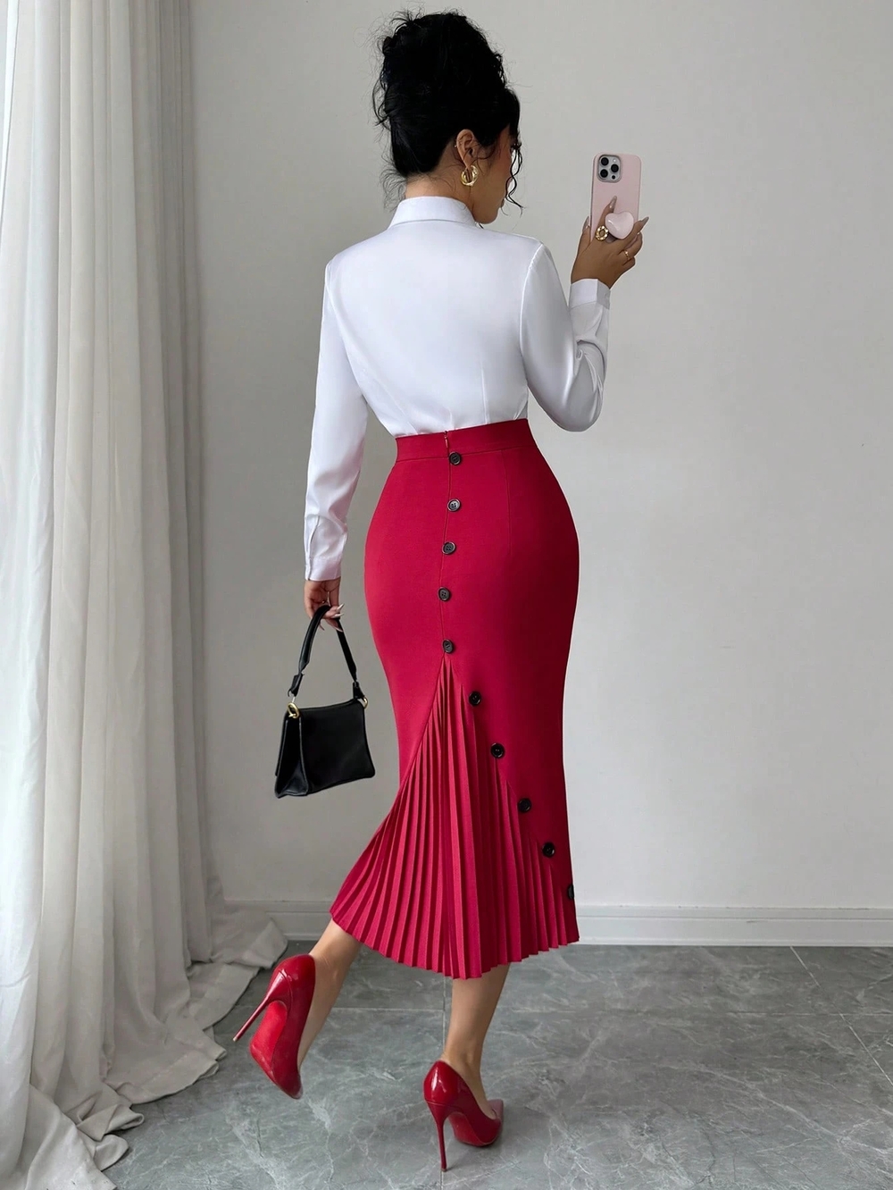 (2)-HIGH-WAIST PLEATED MIDI PENCIL SKIRT(S) BUNDLE-(NEW)- BLACK & RED